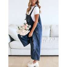 BZB Women's Casual Denim Overalls Loose Adjustable Strap Distressed Bib Jeans Overall Jumpsuits With Pocket - 藏蓝色 - 查看 4