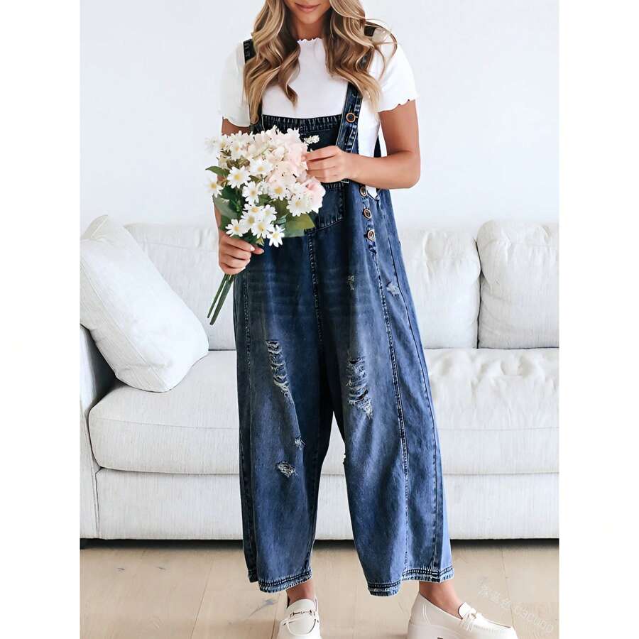 BZB Women's Casual Denim Overalls Loose Adjustable Strap Distressed Bib Jeans Overall Jumpsuits With Pocket - 藏蓝色 - 查看 1