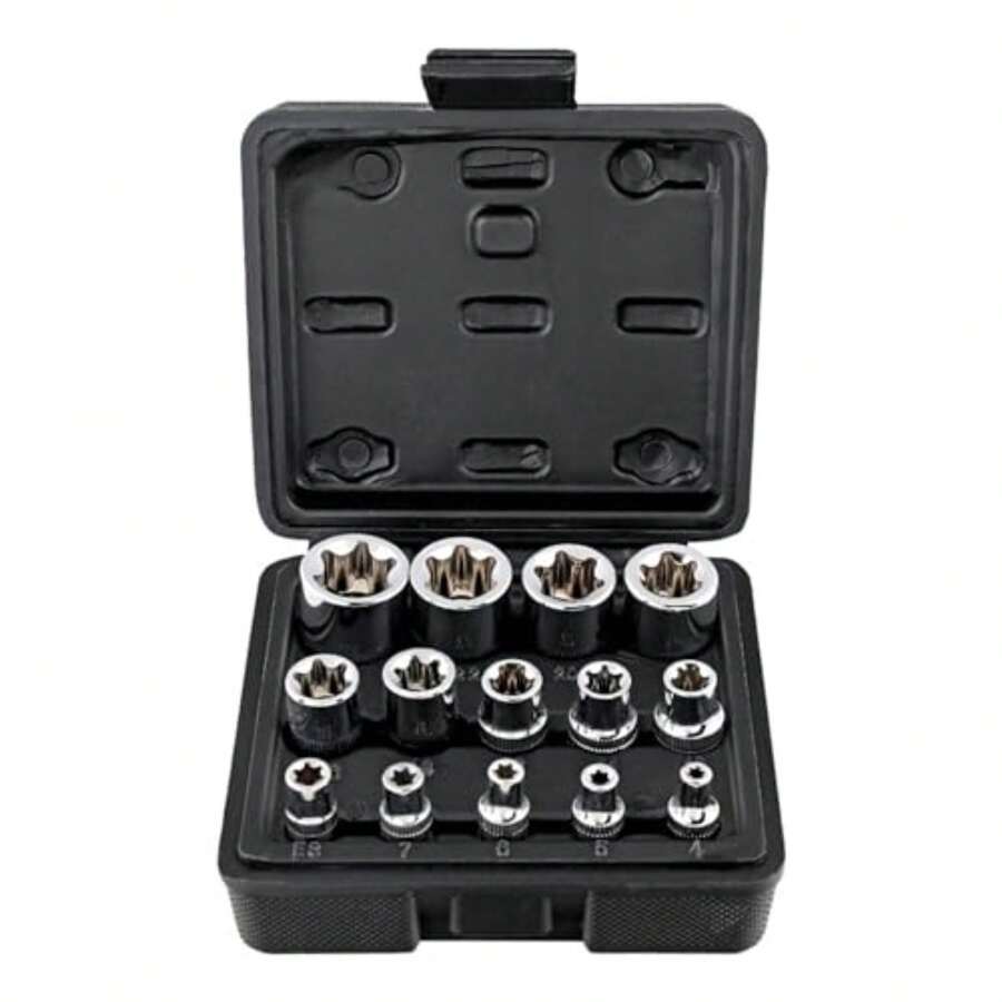 14Pcs Female E-Torx Star Socket Set With Case, 1/4, 3/8, 1/2 In. Drive External Star Socket Set Torque Socket Set Includes E4-E24 Sizes - Black - View 1
