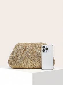 1 pieza Bolso de embrague plegable de mujer vintage con tejido de paja, bolso de embrague elegante para mujer, esencial para vacaciones, perfecto para viajes, vacaciones y playa