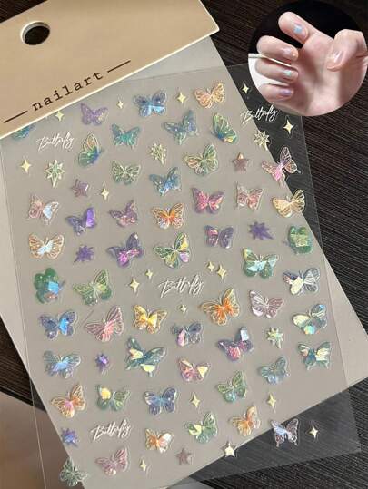 3 Sheets 6 Sheets 9 Sheets Children Butterfly Nail Sticker Set Butterfly Wing Flowing Laser Sticker Advanced Relief Nail Art Colorful Butterfly Fairy Dazzling 5D Stickers