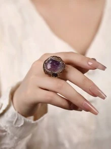 1pc Wide Band Adjustable Natural Crystal Raw Stone & Clay Inlaid Diamond Ring For Women, Party Gift (Random Shape And Color Depth)