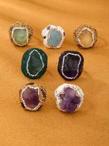 1pc Wide Band Adjustable Natural Crystal Raw Stone & Clay Inlaid Diamond Ring For Women, Party Gift (Random Shape And Color Depth)