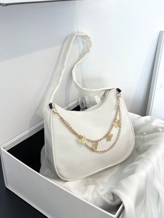 Bolso de hombro de nailon blanco impermeable, bolso versátil minimalista de diseño exquisito con cadena metálica de mariposa, práctico para el uso diario y las compras