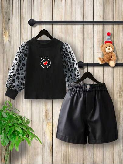 2 pezzi/Set Top a maniche a palloncino con ricamo a cuore in rete e pantaloncini in pelle PU a stampa leopardata casual per bambine, autunno