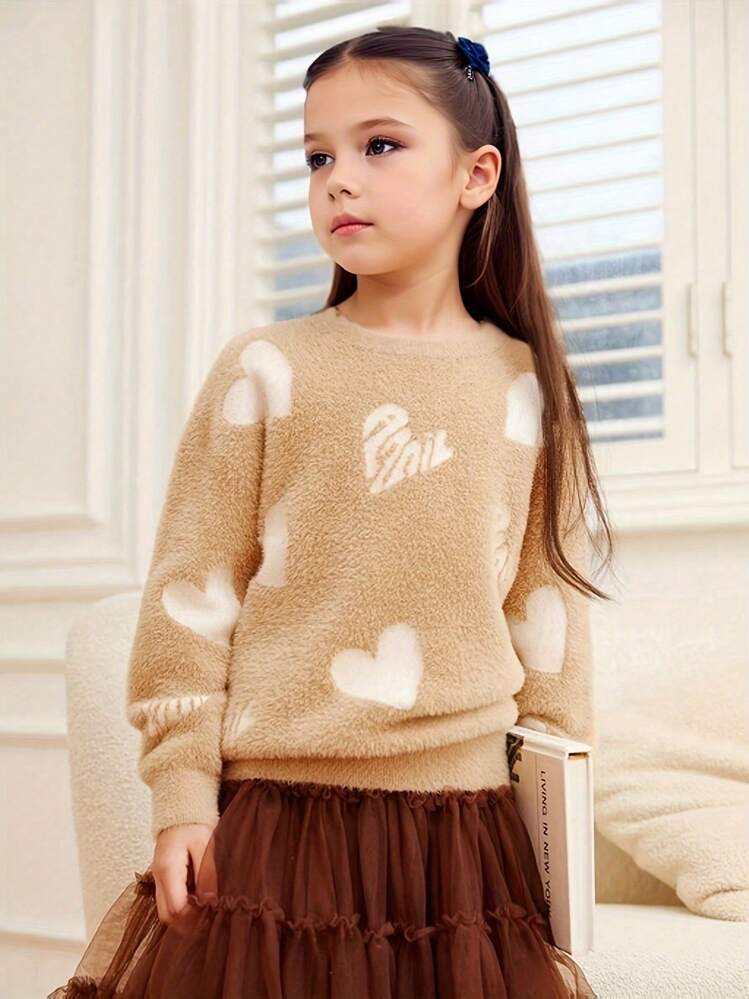 Annil Tween Girl Autumn And Winter Round Neck Long Sleeved Knitted Sweaters Sweet And Cute Warm Sweaters Khaki SHEIN