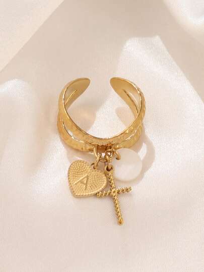 1pc Stainless Steel Initial Letter Ring For Women Cross Pendant Rings Gold Color Open Ring Jewelry