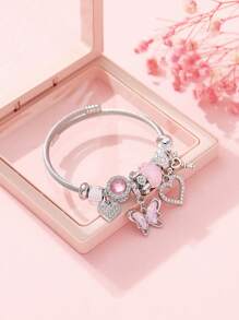 1入組優雅奢華的水滴立方氧化鋯蝴蝶心形天使鑰匙扣，不鏽鋼手鍊，創意多元素造型DIY手環，適用於女性，派對配件，畢業禮物，附送禮盒 - 幻彩蝴蝶天使鑰匙 - 查看 9