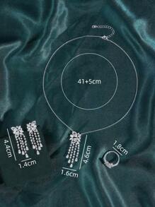 Set de 3 piezas con collar con borla de cadena, aretes y anillo abierto con mariposa de circonita cúbica plateada, adecuado para el uso diario de las mujeres