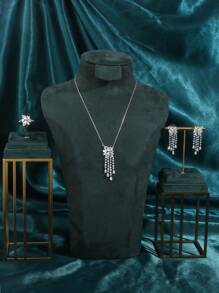 Set de 3 piezas con collar con borla de cadena, aretes y anillo abierto con mariposa de circonita cúbica plateada, adecuado para el uso diario de las mujeres