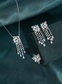 Set de 3 piezas con collar con borla de cadena, aretes y anillo abierto con mariposa de circonita cúbica plateada, adecuado para el uso diario de las mujeres