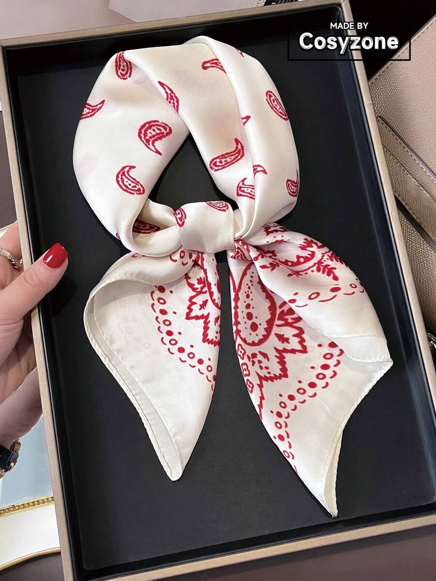 1pc Faux Silk Paisley Print 70cm Small Square Scarf, New Spring/Summer Bandana For Women, Versatile Waist Belt, Bag/Hair Accessory, Fashion Head Wrap, Neckerchief - Red and White - View 1