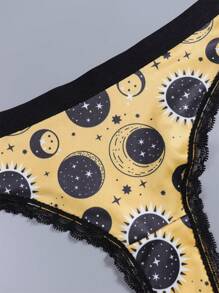Dircho 4pcs Sexy Women Romantic Contrast Lace Thongs, Boho Style Allover Stars & Moons & Planet & Night Sky & Crescent Print Comfy Silky Intimates Panties, Women's Underwear & Lingerie - Multicolor - View 6