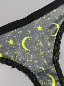 Dircho 4pcs Sexy Women Romantic Contrast Lace Thongs, Boho Style Allover Stars & Moons & Planet & Night Sky & Crescent Print Comfy Silky Intimates Panties, Women's Underwear & Lingerie - Multicolor - View 11