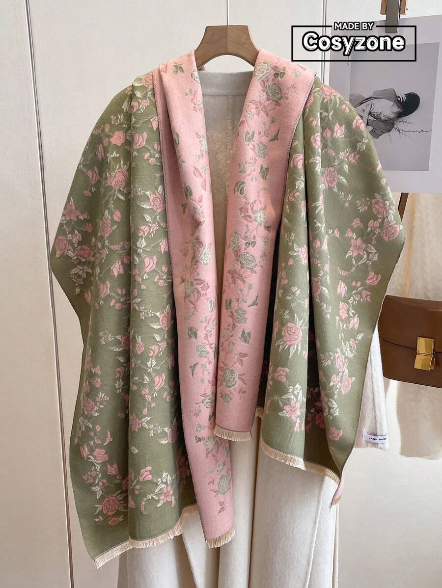 1 件优雅花卉植物图案提花仿羊绒保暖围巾/披肩，女士时尚百搭披肩，适合秋冬，适合日常搭配和装饰 - 彩色 - 查看 1