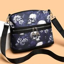1 peça bolsa transversal casual com estampa de caveira e flor para mulheres, bolsa de ombro com grafite da moda para presente de Halloween, bolsas femininas de grande capacidade, bolsas de Halloween, perfeitas para festas chiques, moda de Halloween e moda gótica, bolsa de Halloween, perfeita para festas chiques, moda de Halloween e moda gótica, melhores presentes de Halloween para mulheres - Multicolorido - Ver 2