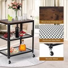 LUCKYERMORE Movable Storage Cart Serving With Wheels 3-Tier Mesh Shelf Wood Grain Kitchen - 黑色+棕色 - 查看 4