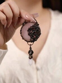 1 pieza Colgante hecho a mano con baño de cobre antiguo, estilo vintage, de cuarzo rosa natural, amatista y disco circular de Dongling verde, para mujeres, regalo de fiesta (la profundidad del color aleatorio, las grietas ligeras y arenosas pertenecen al fenómeno natural, no a daños) - redondo - Ver 8