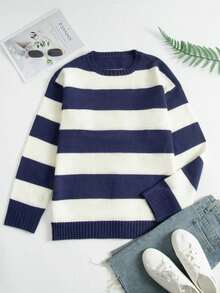 2025秋冬女式休闲条纹圆领宽松套头毛衣，百搭修身 - 彩色 - 查看 5