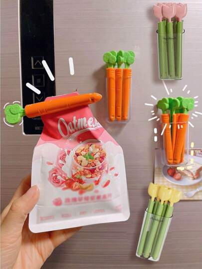 5pcs + Storage Box Tulip And Carrot Shaped Magnetic Sealing Clips, Food Packaging Clips And Storage Box, Snack Bag Sealing Clip, Moisture-Proof And Fresh-Keeping Sealing Clip