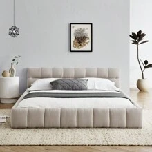 YOGLAD Queen Size Upholstered Bed Frame With Thick Fabric, Chenille Fabric Grounded Queen Size Platform Bed With Headboard And Solid Frame. No Box Spring Needed - 米色 - 查看 1