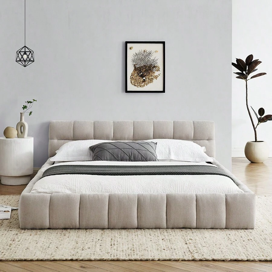 YOGLAD Queen Size Upholstered Bed Frame With Thick Fabric, Chenille Fabric Grounded Queen Size Platform Bed With Headboard And Solid Frame. No Box Spring Needed - 米色 - 查看 1