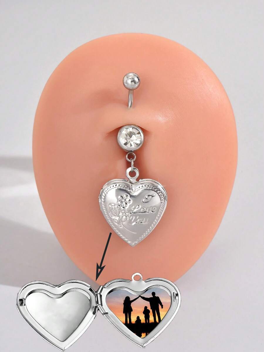 1入時尚優雅淑女風格“LOVE YOU”刻字心形肚臍環，帶相片嵌縫;夏季女士珠寶，適合送給女友、妻子或母親慶祝生日、紀念日的完美禮物; 歐美年輕女性喜愛的時尚配飾 - 銀色 - 查看 1
