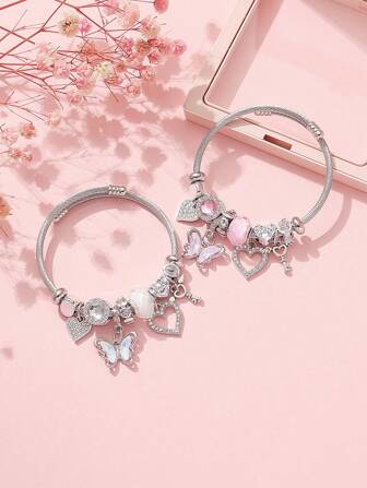 1pc Elegant Luxury Water Drop Cubic Zirconia Butterfly Heart Angel Keychain Bead Stainless Steel Bracelet Creative Multi-Element Shaped DIY Bangle For Women, Party Accessory, Graduation Gift, With Gift Box