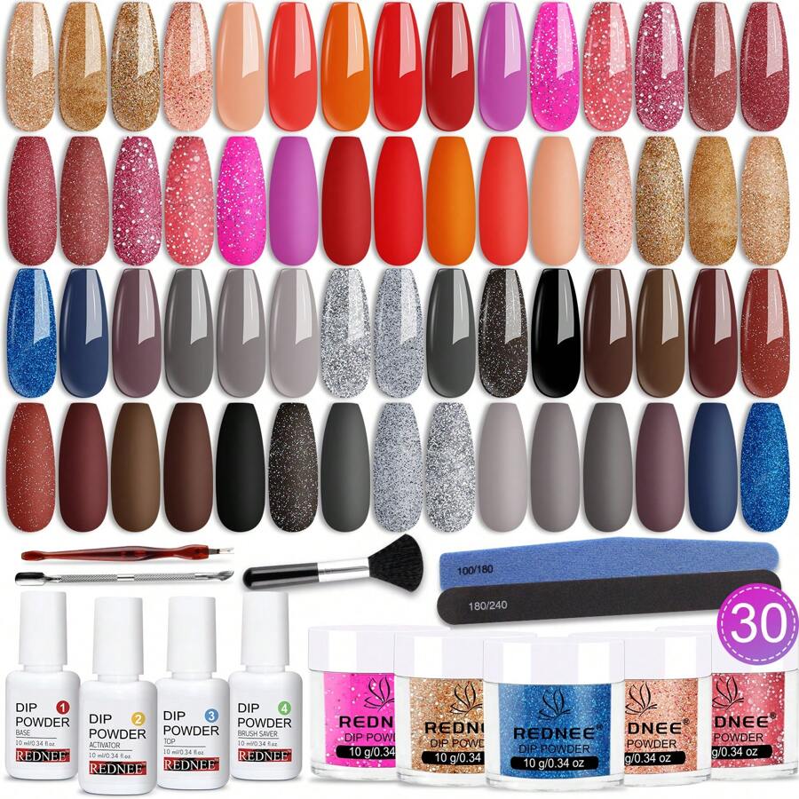 REDNEE 39pcs Nail Dip Powder Kit, 30 Shiny Colors Classic Black Red Glitter With Dipping Powder Essential Liquid Set & Professional Nail Tools For Beginner DIY At Home RE21 - Red - View 1