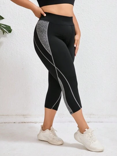 Plus Size Women's Gray & Black Patchwork Yoga Leggings, Fitness Gym Running 3/4 Tights