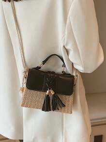 New Mini Fashionable Grass Woven Simple And Casual Solid Color Artistic Vacation Beach Bag, Versatile And Fashionable Small Square Bag, Handbag, Shoulder Bag, Crossbody Bag, Zero Wallet, Red Mouth Bag - 黑色 - 查看 7