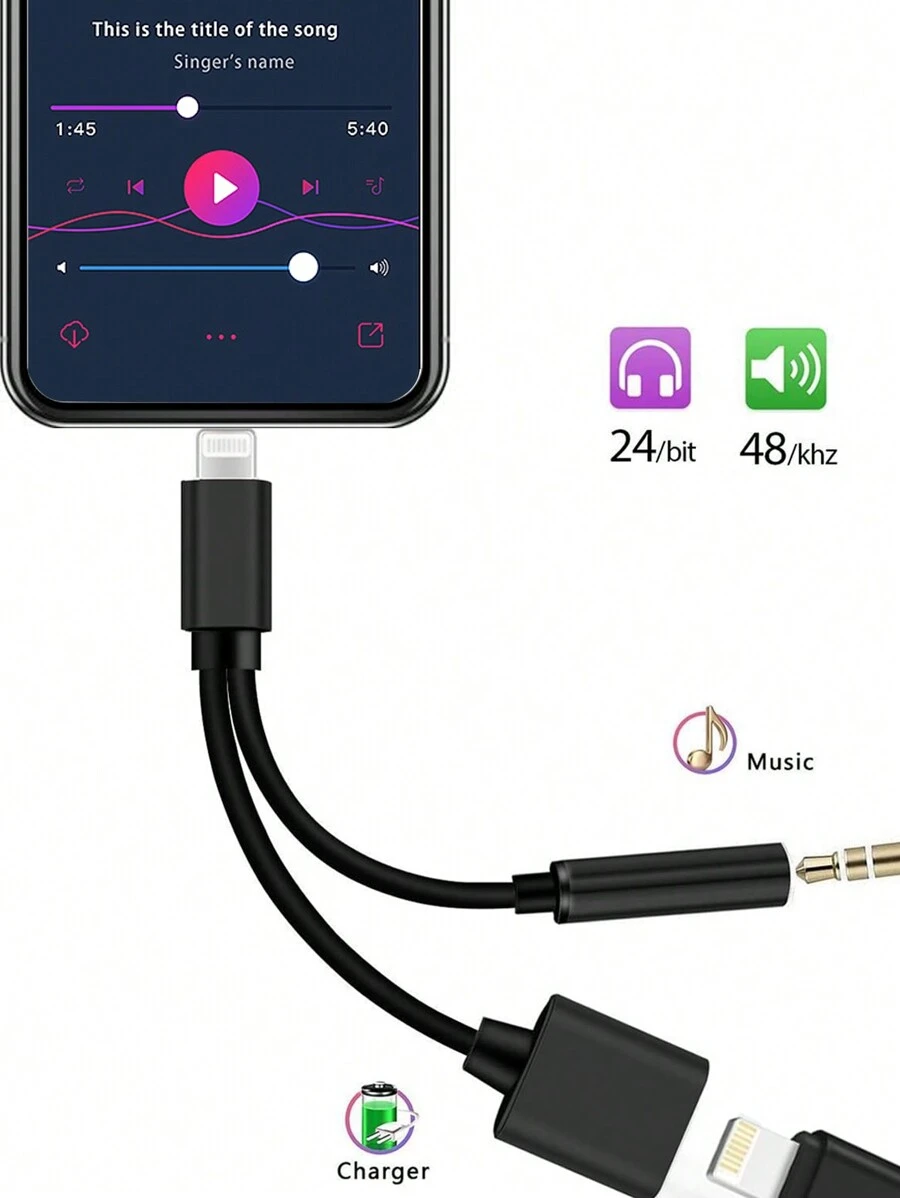Gmobi 1包兼容iPhone耳機和充電器適配器2合1 Lightning轉3.5mm AUX音頻+ Lightning充電器轉接頭,兼容iPhone 14/13/12/11 Pro Max/Pro/Plus/Mini/XR/XS/8/7/6 Plus(無法打電話) - 黑色 - 查看 1