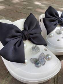 12入組DIY黑色布質花結鞋配件，配有珍珠和可拆卸設計，適用於休閒花園鞋，節日禮品 - 黑色 - 查看 3