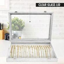 Cutie de bijuterii colier cu capac transparent - tavă din catifea pentru depozitarea și afișarea bijuterii, 20 cârlige sertar din sticlă cu inserție pentru colier pandantiv rezistent la praf colier cutie de bijuterii și tavă (gri), boabe din lemn pot ține 10 coliere de perle