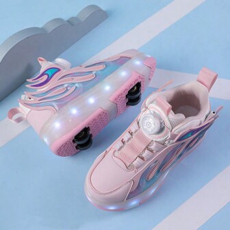 Teenagers Girls Students Adult Pink Breathable Mesh Running Shoes Led Luminous Sports Shoes Two-Wheeled Skates Outdoor Sports Roller Shoes
