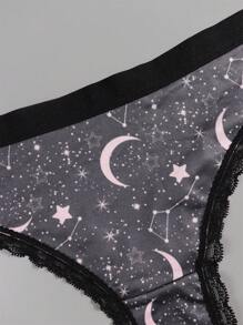 Dircho 4pcs Sexy Women Romantic Contrast Lace Thongs, Boho Style Allover Stars & Moons & Planet & Night Sky & Crescent Print Comfy Silky Intimates Panties, Women's Underwear & Lingerie - Multicolor - View 4