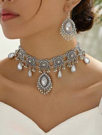 1pc Stylish Retro  Teardrop Pendant Exaggerated Necklace And 1pair Vintage Teardrop Shape Women's Earrings Jewelry Set For Women