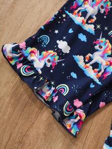 Young Girl Cartoon Unicorn Print Cap Sleeve Top And Shorts Set, Spring/Summer - Multicolor - View 6