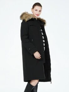 Black Hooded Fluffy Splicing Coat With Pockets And Long Sleeves For Winter - Black - View 3
