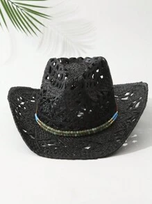 1pc Unisex Parel Decor Cowboyhoed Holle Gedrukt Cowgirl Hoed Lente Zomer Reizen Schaduw Strandhoed Strohoed Casual Zonnehoed