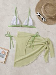 3 件套 新款女士泳装 比基尼 短裙 夏季海滩度假 - 橄欖綠 - 查看 5