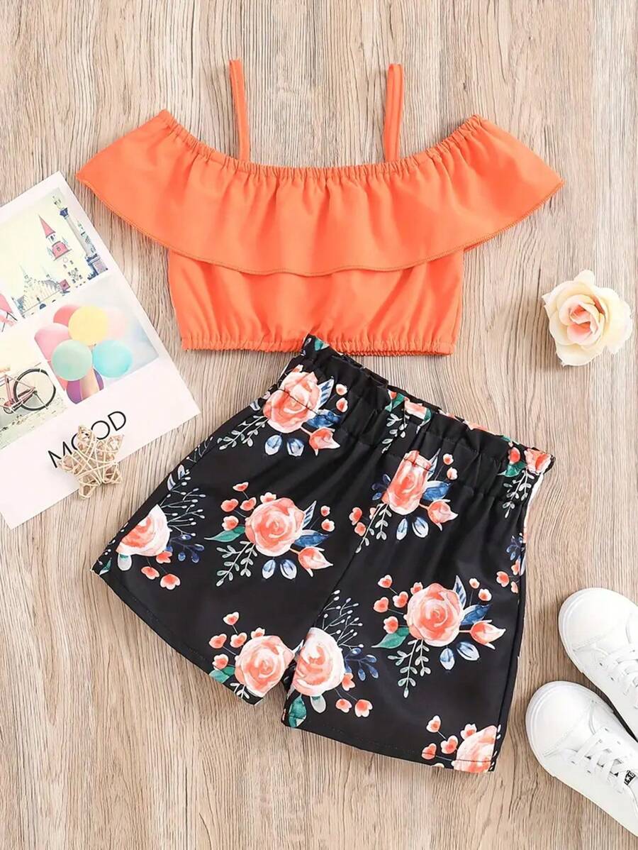 2 件装年轻女孩荷叶边露肩短款上衣和向日葵图案短裤套装年轻女孩夏装 - 橘色 - 查看 1