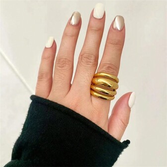 Aritio 1pc Punk Style 18K Gold Plated Stainless Steel Thick Single Ring, Suitable For Women's Daily Wear And Gifts