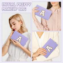 Personalized Initial Letter Patch Makeup Bag, Preppy Small Chenille Letter Cosmetic Bag With Zipper, PU Leather Waterproof Travel Toiletry Bag Monogram Make Up Pouch For Women Girls Makeup Bags Makeup Organizer Make Up Organizer Makeup Storage