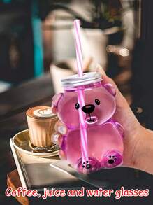 1 件，可爱熊吸管杯，350 毫升/11.8 盎司旅行咖啡杯，带吸管和盖子，最佳办公室保温/冰咖啡杯，茶杯，热饮咖啡杯，饮具 - 粉色 - 查看 1
