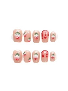 10入組透明草莓心形款淺粉色短棺材形手工美甲貼片，可佩戴美甲貼片套裝，提升您的外觀 - 彩色 - 查看 5