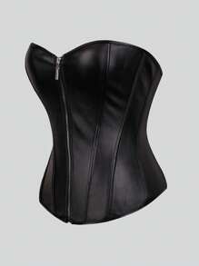 Sexy Black Pu Leather Strapless Top For Women, Fashionable Party Wear, Zipper Front Closure, Back Lace-Up, Bodycon Streetwear - Black - View 1