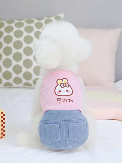 1 pieza Falda de bolsillo de mezclilla con estampado de dibujos animados, adecuada para gatos y perros pequeños, apta para primavera y verano