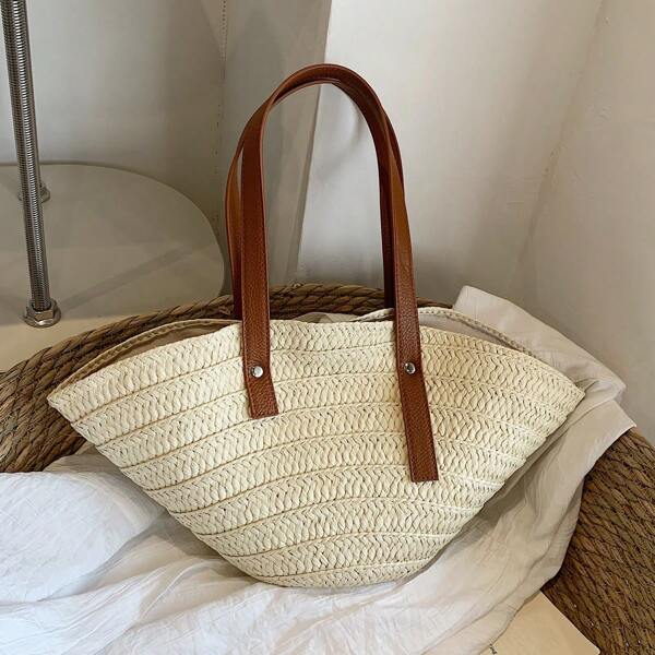 Versatile And Simple Tote Handbag For Women, Shoulder Bag For Shopping, Vacation, Straw Beach Bag For Travel, Vacation Essentials, Perfect For Summer, Vacation & Beach