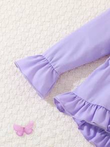 女婴紫色喇叭袖彼得潘领上衣和花朵印花裤，秋冬 - 紫色 - 查看 4